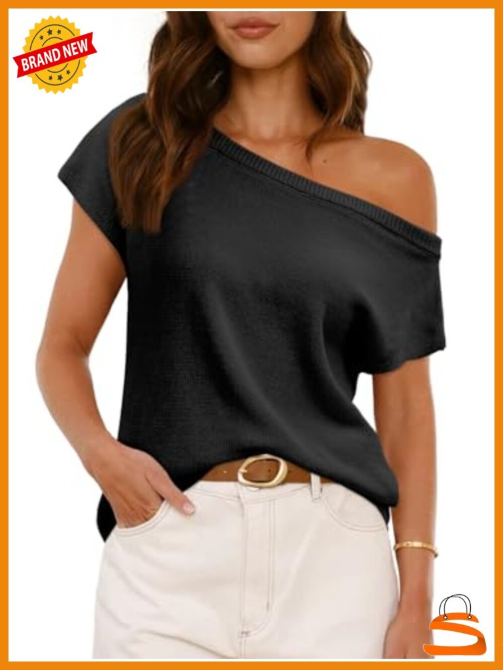 Off Shoulder Short Sleeve Knit Sweater Pullover Top